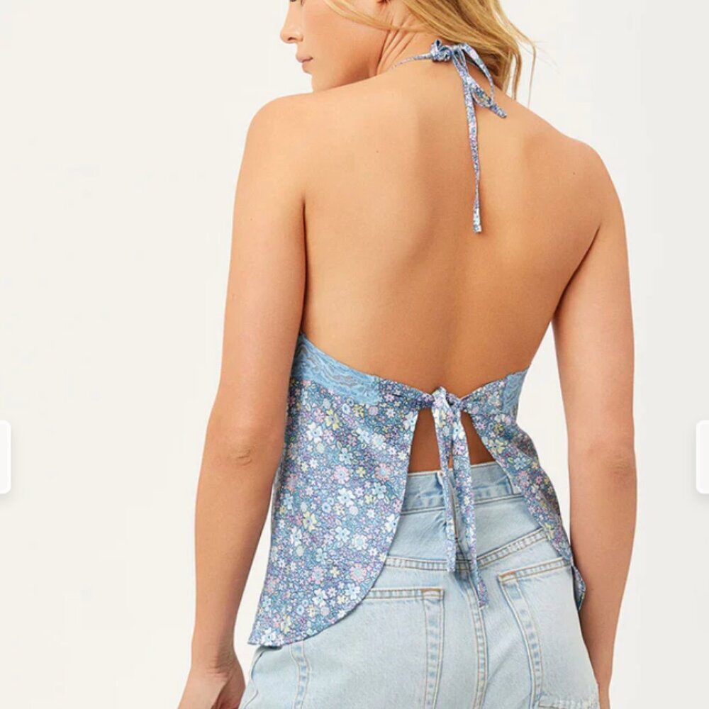 NWOT - Frankie's Bikinis Miriam floral blue Silk Halter Tank LARGE - Picture 2 of 7
